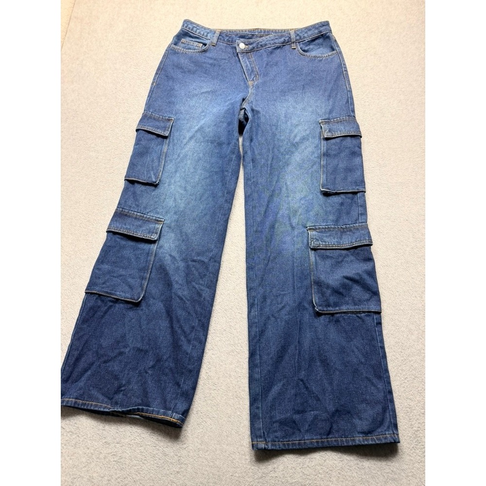 Womens Blue Wide Leg Cargo Jeans Asymmetrical Crossover Waist Medium Wash